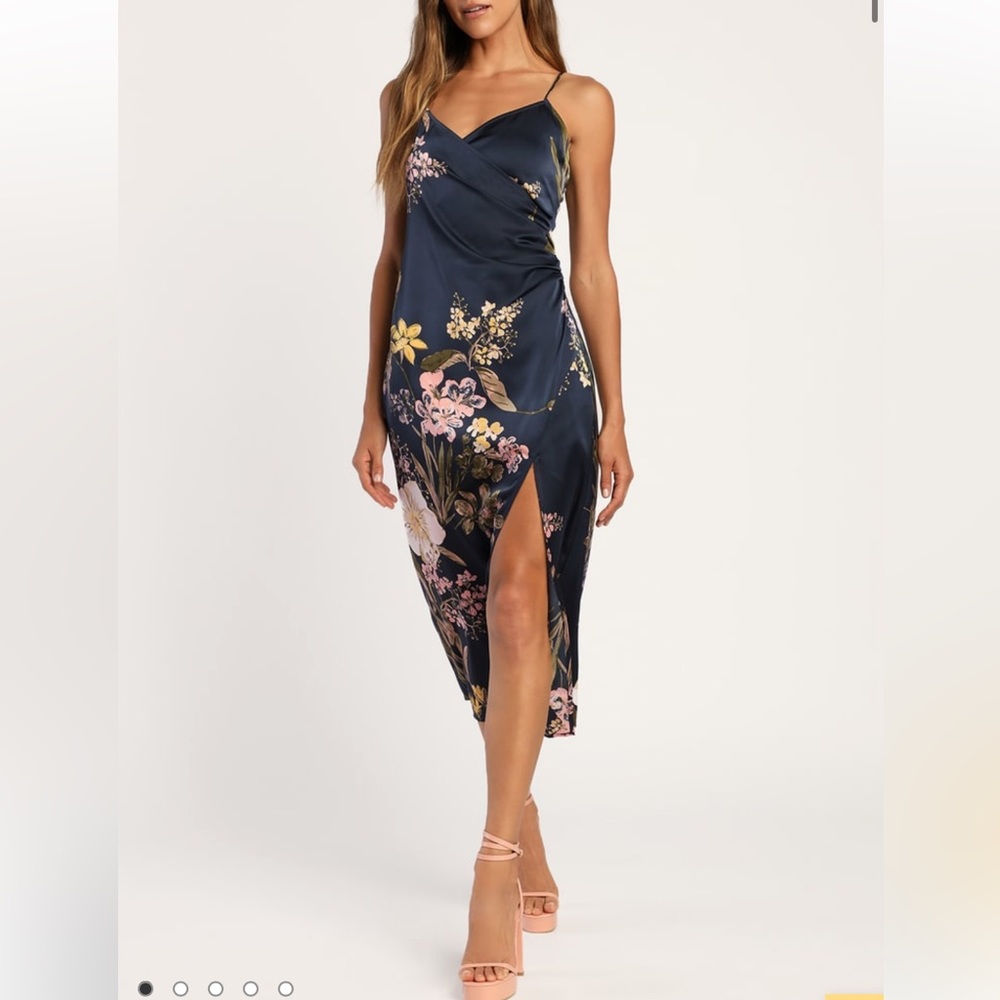 Lulus Remarkable Entrance Navy Blue Floral Print Satin Midi Dress
